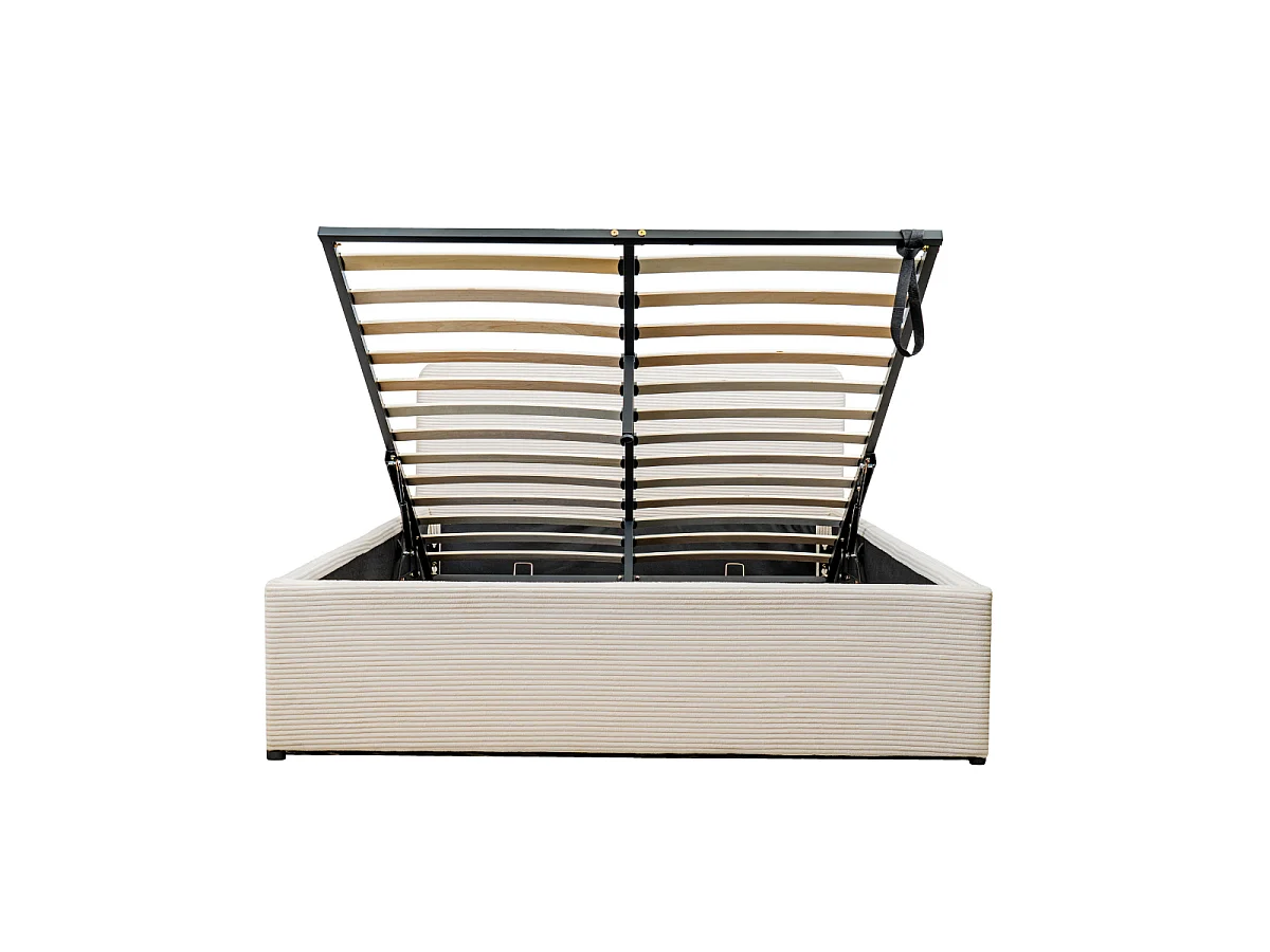 Lit coffre 160x200 cm en velours côtelé beige avec tête de lit et sommier - LIVY