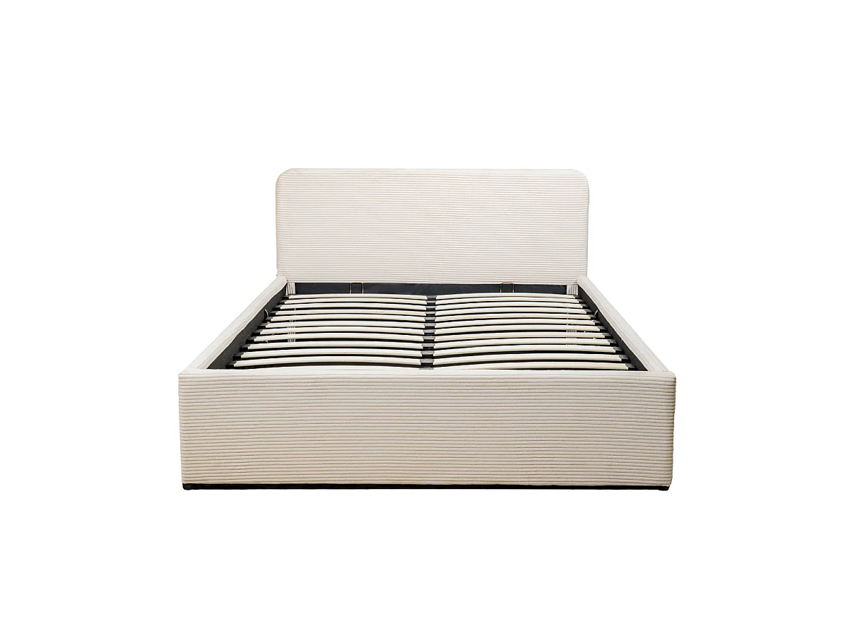 Lit coffre 160x200 cm en velours côtelé beige avec tête de lit et sommier - LIVY