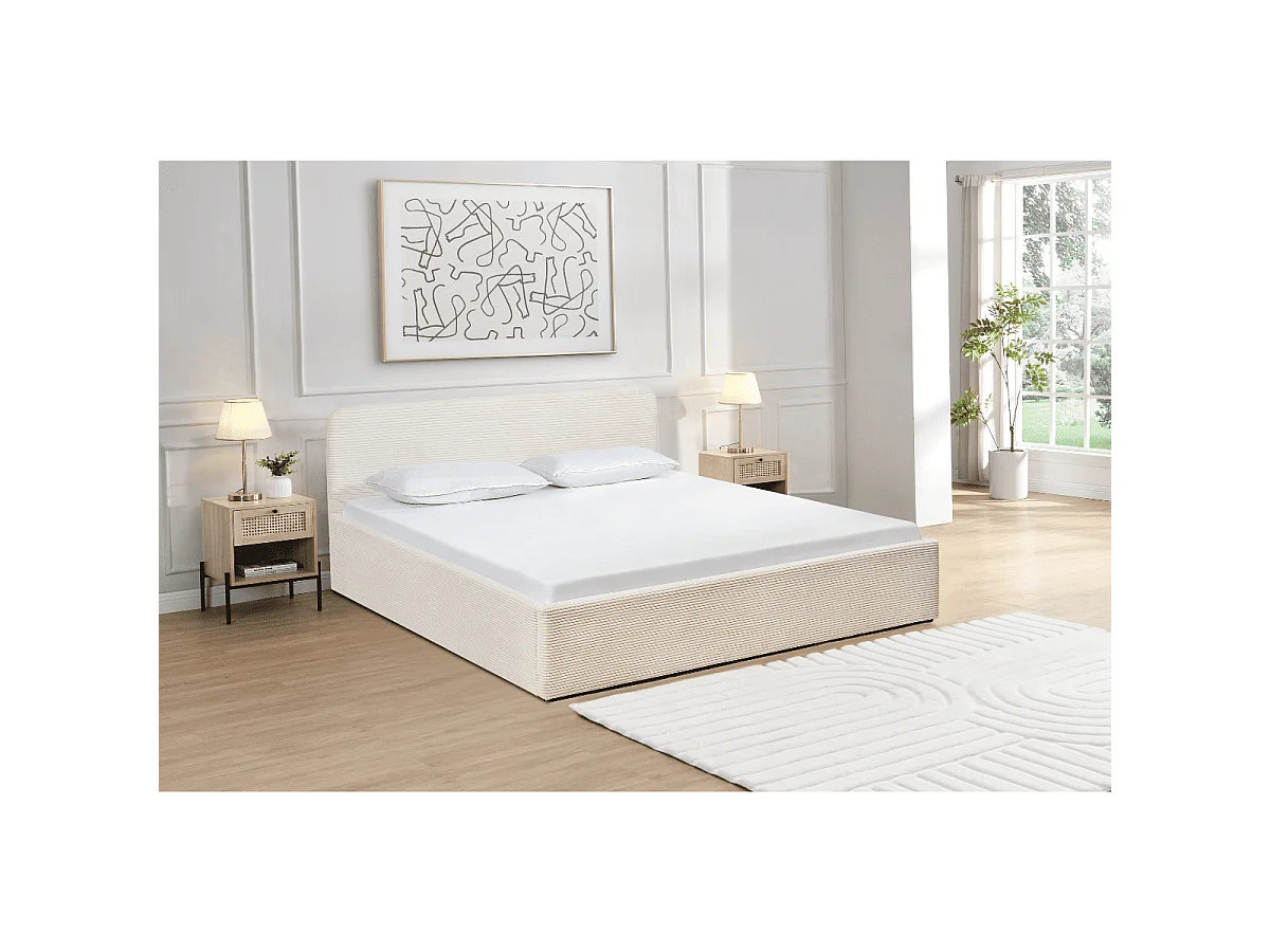 Lit coffre 160x200 cm en velours côtelé beige avec tête de lit et sommier - LIVY