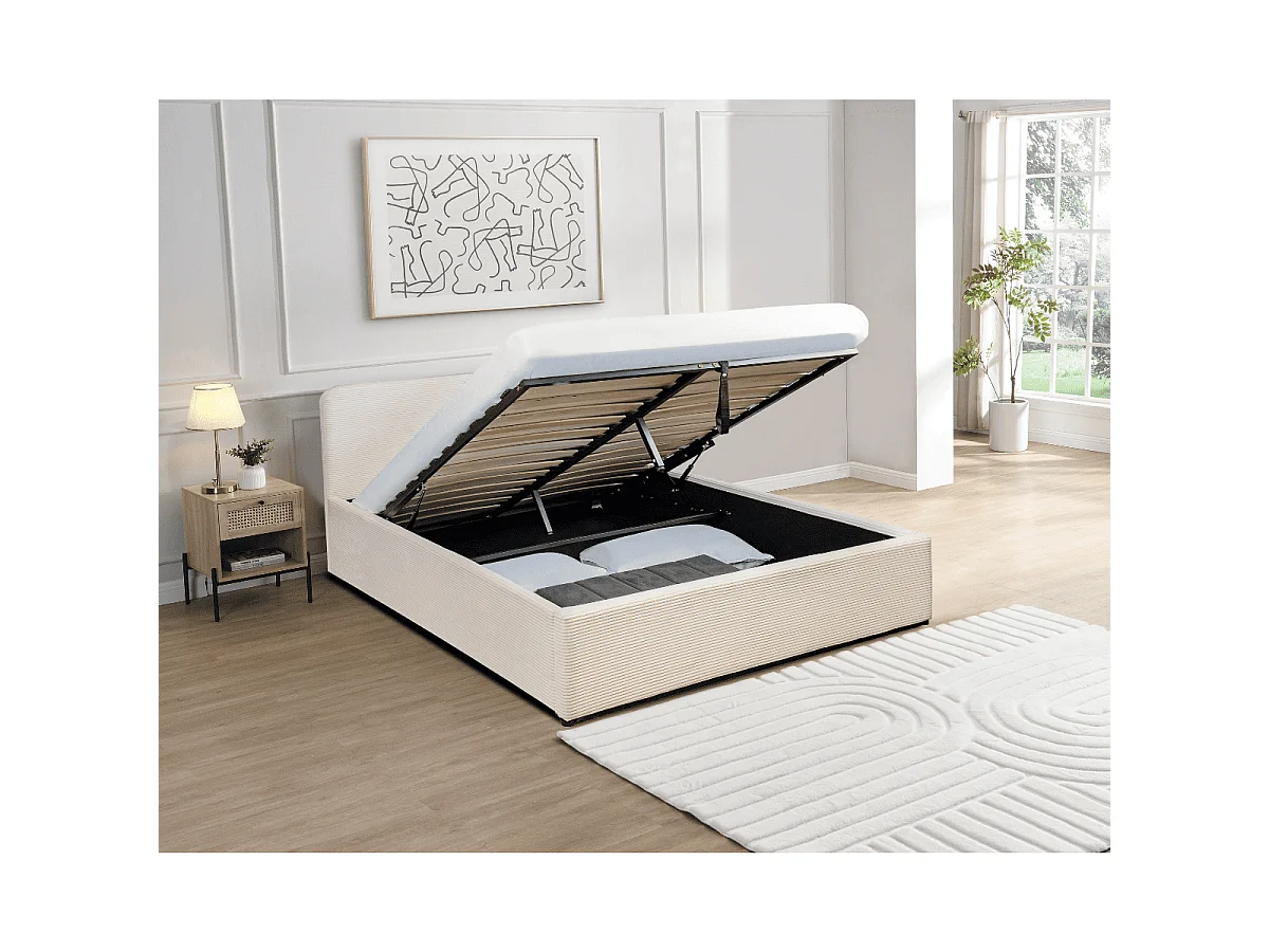 Lit coffre 160x200 cm en velours côtelé beige avec tête de lit et sommier - LIVY