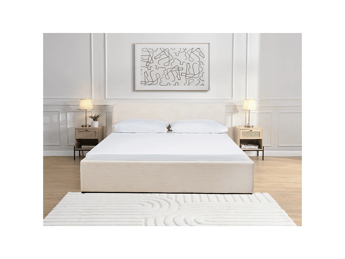 Lit coffre 160x200 cm en velours côtelé beige avec tête de lit et sommier - LIVY