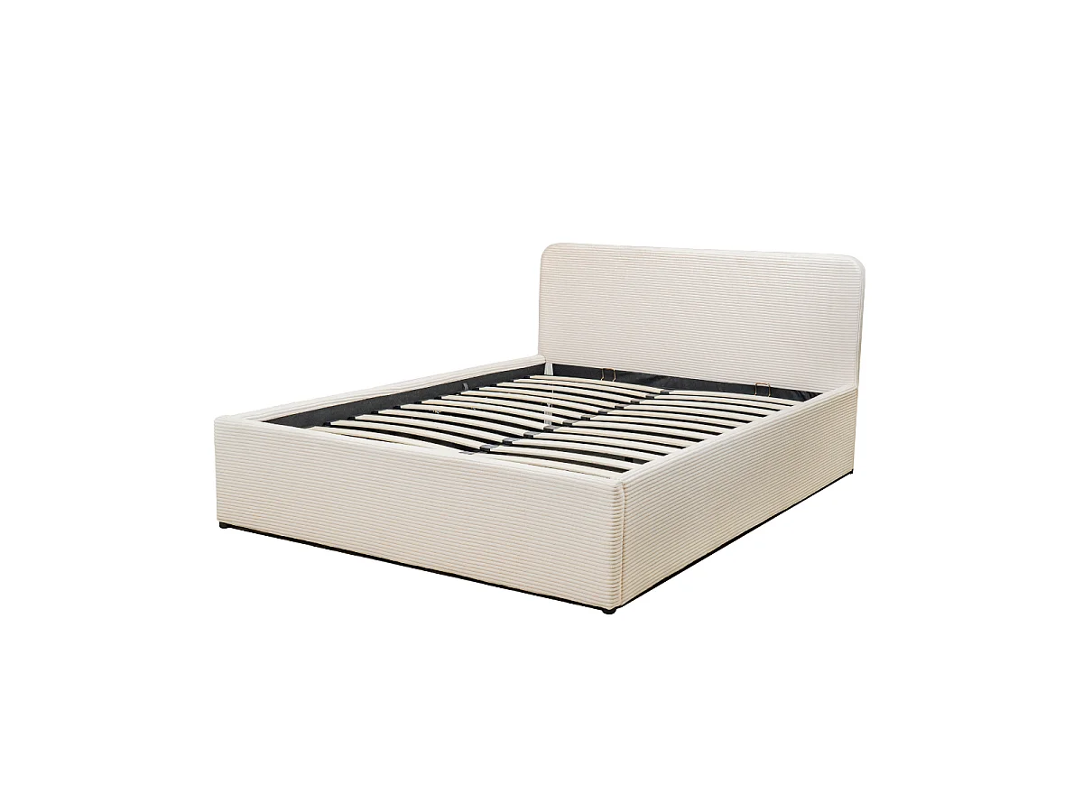Lit coffre 160x200 cm en velours côtelé beige avec tête de lit et sommier - LIVY