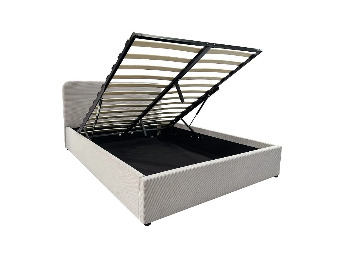 Lit coffre 140x190 cm en velours côtelé beige avec tête de lit et sommier - LIVY