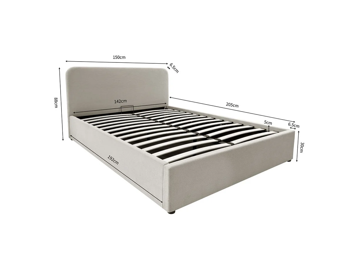 Lit coffre 140x190 cm en velours côtelé beige avec tête de lit et sommier - LIVY