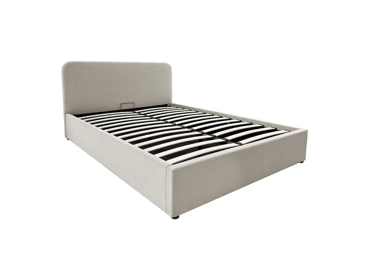 Lit coffre 140x190 cm en velours côtelé beige avec tête de lit et sommier - LIVY