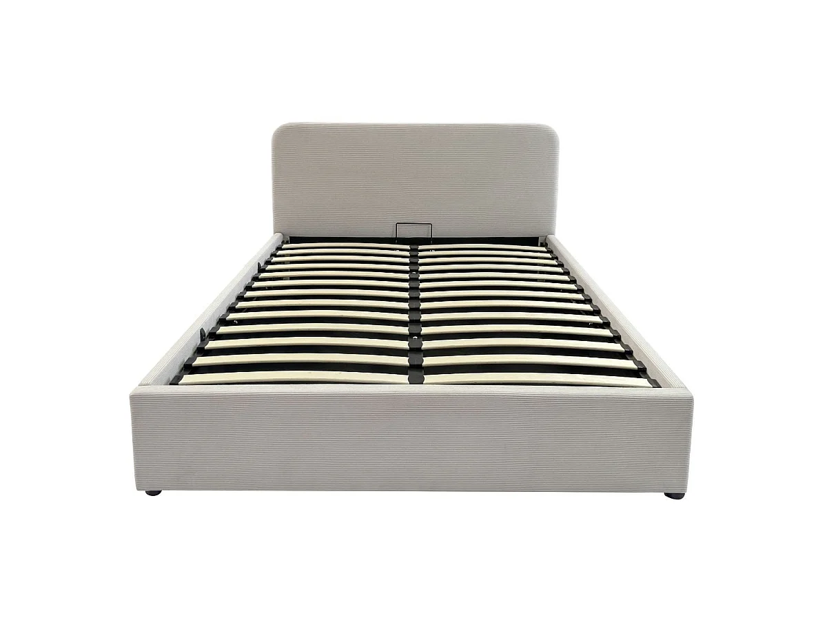 Lit coffre 140x190 cm en velours côtelé beige avec tête de lit et sommier - LIVY