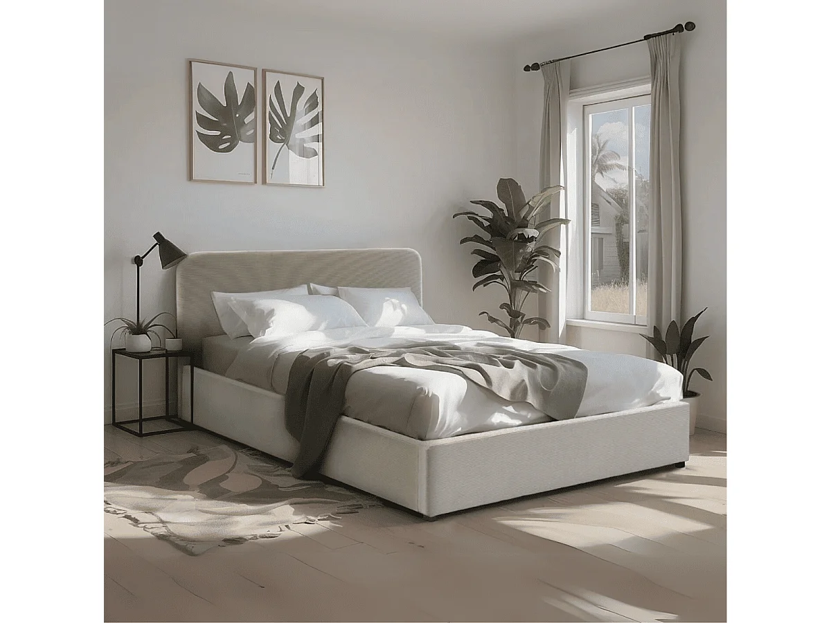 Lit coffre 140x190 cm en velours côtelé beige avec tête de lit et sommier - LIVY