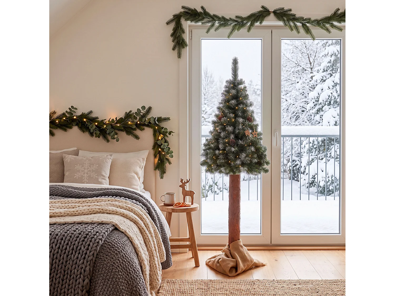 Árbol de Navidad artificial Springos® con tronco natural, pino nevado Diamond 180 cm