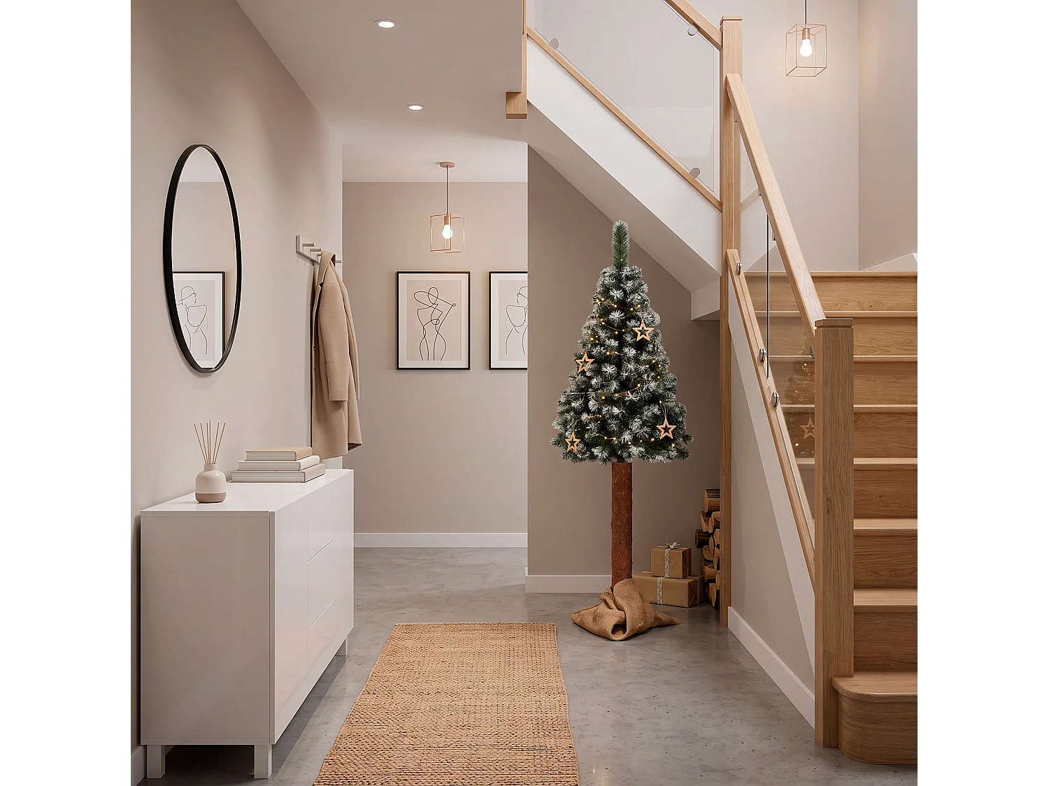 Árbol de Navidad artificial Springos® con tronco natural, pino nevado Diamond 180 cm