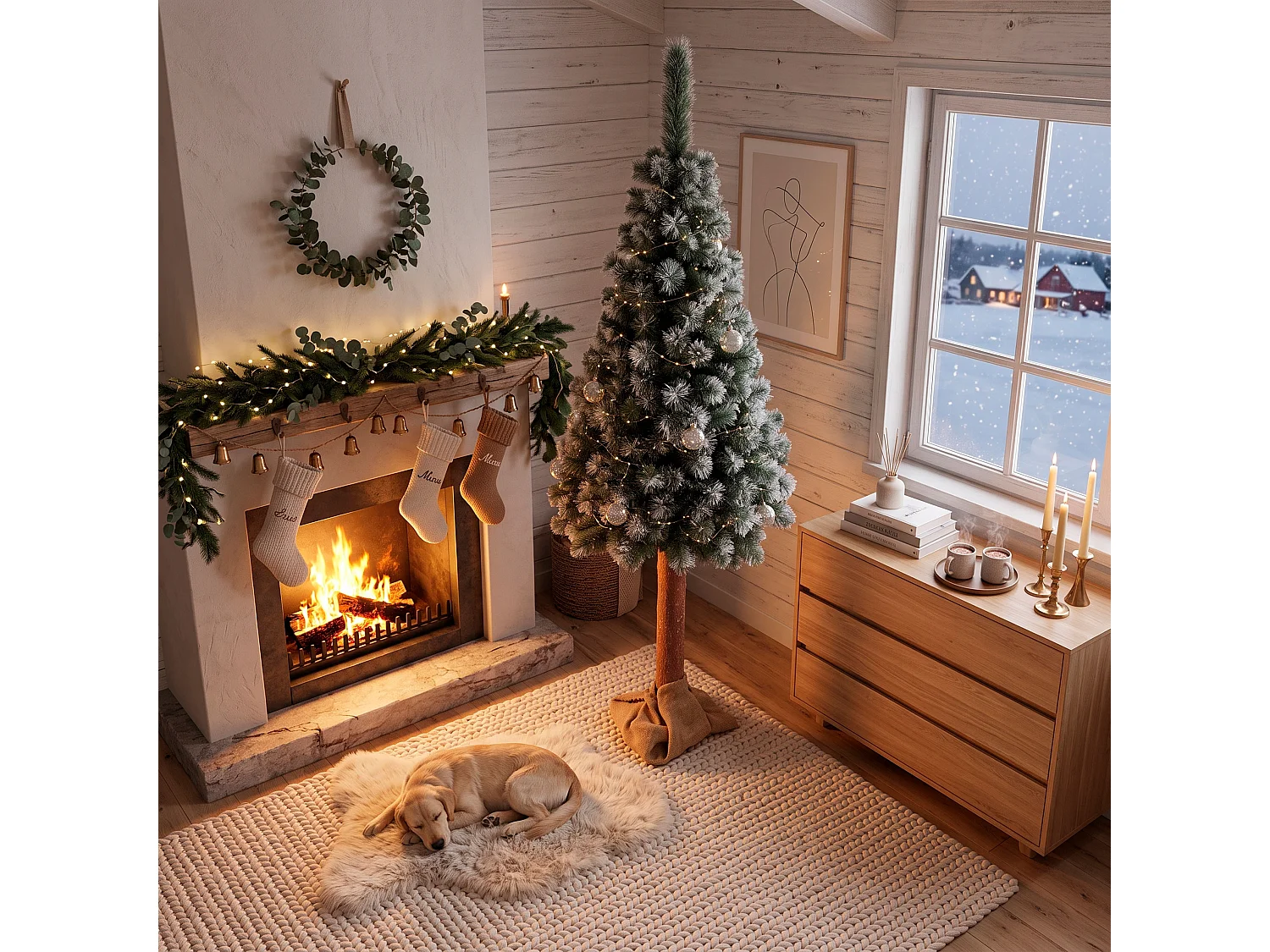 Árbol de Navidad artificial Springos® con tronco natural, pino nevado Diamond 220 cm