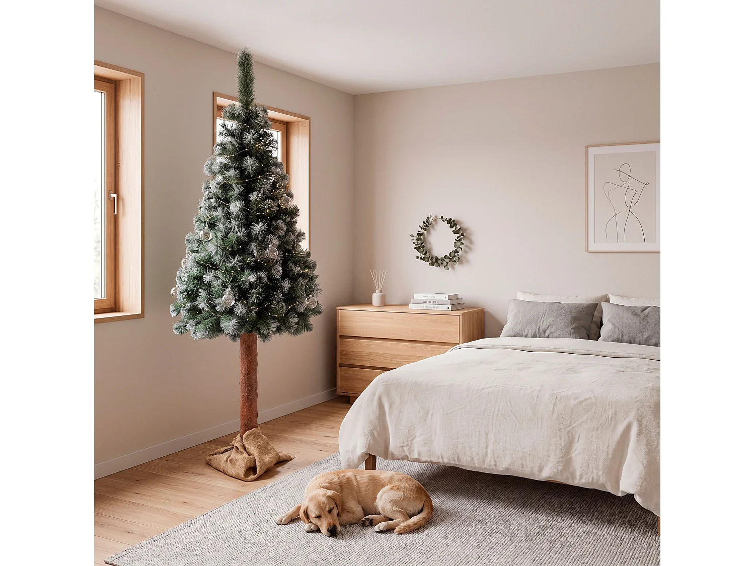 Árbol de Navidad artificial Springos® con tronco natural, pino nevado Diamond 220 cm
