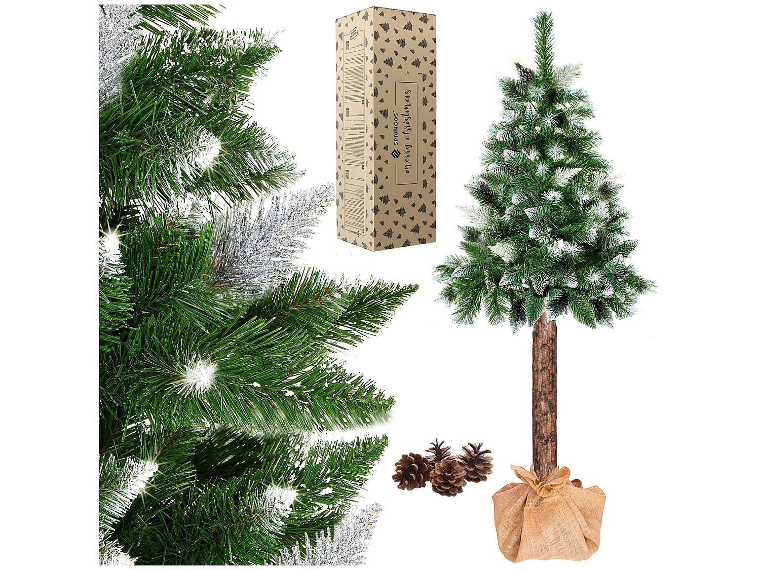 Árbol de Navidad artificial Springos® con tronco natural, pino nevado Diamond 140 cm
