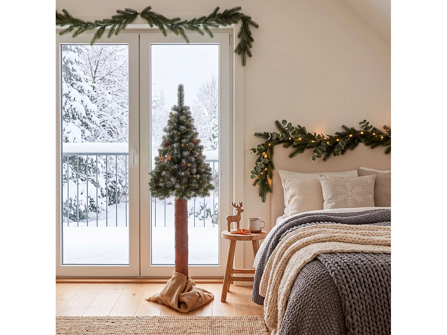 Árbol de Navidad artificial Springos® con tronco natural, pino nevado Diamond 160 cm