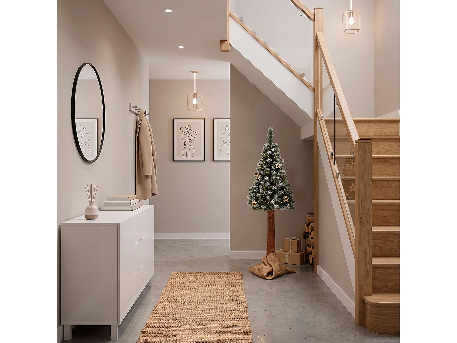 Árbol de Navidad artificial Springos® con tronco natural, pino nevado Diamond 140 cm