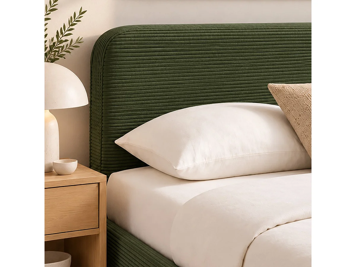 Lit coffre 160x200 cm avec tête de lit en tissu velours côtelé kaki - MIA