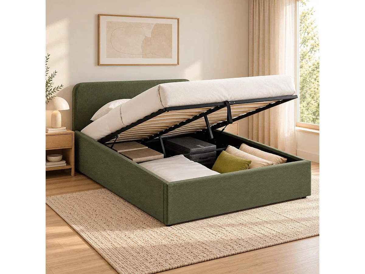 Lit coffre 160x200 cm avec tête de lit en tissu velours côtelé kaki - MIA