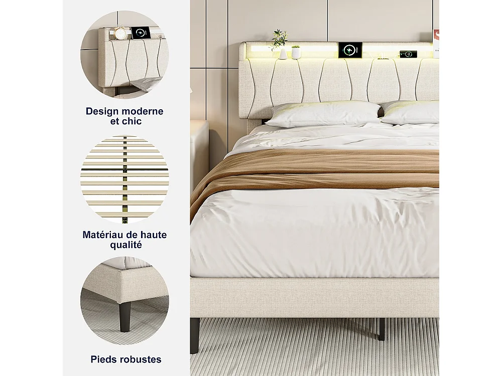 Cadre de lit rembourré 140 x 200 cm - Lit plat-forme avec lumières LED, ports de charge USB et Type-C, tête de rangement, lames en bois massif - Linge - beige