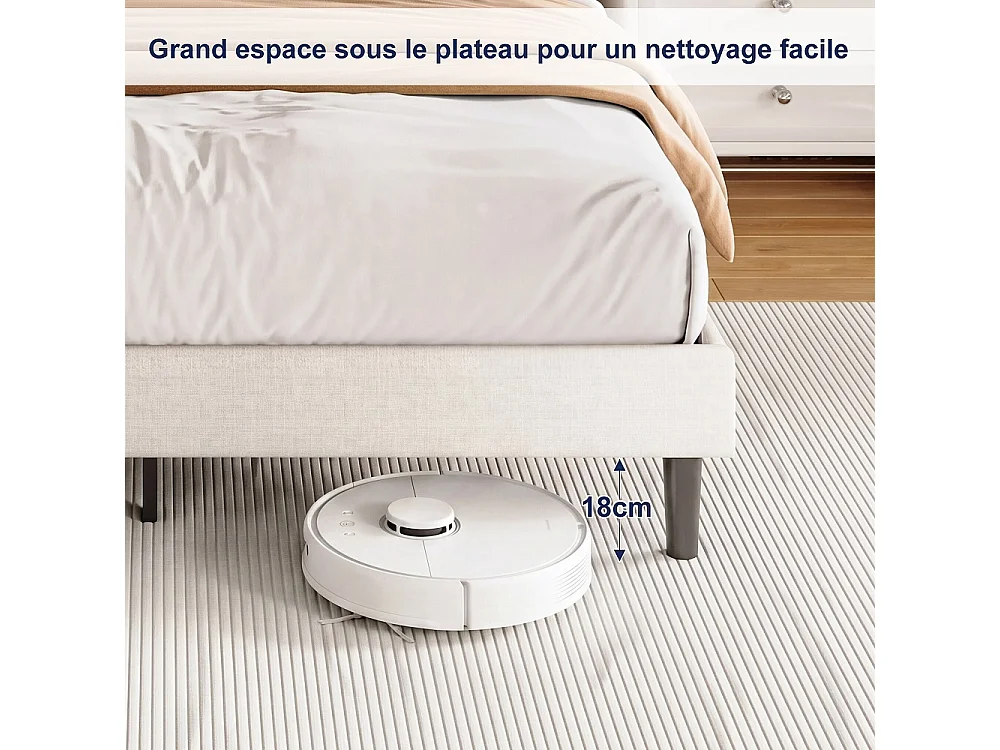 Cadre de lit rembourré 140 x 200 cm - Lit plat-forme avec lumières LED, ports de charge USB et Type-C, tête de rangement, lames en bois massif - Linge - beige