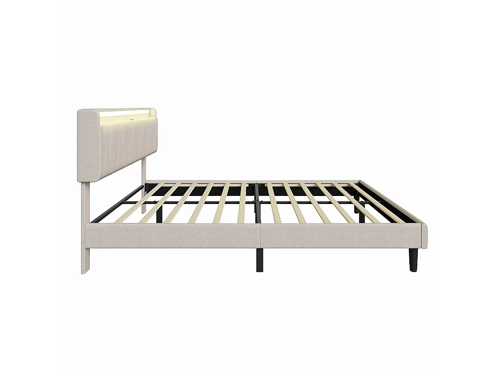 Cadre de lit rembourré 140 x 200 cm - Lit plat-forme avec lumières LED, ports de charge USB et Type-C, tête de rangement, lames en bois massif - Linge - beige