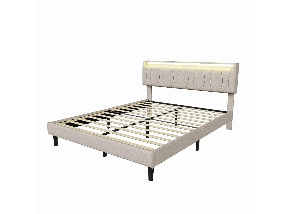 Cadre de lit rembourré 140 x 200 cm - Lit plat-forme avec lumières LED, ports de charge USB et Type-C, tête de rangement, lames en bois massif - Linge - beige