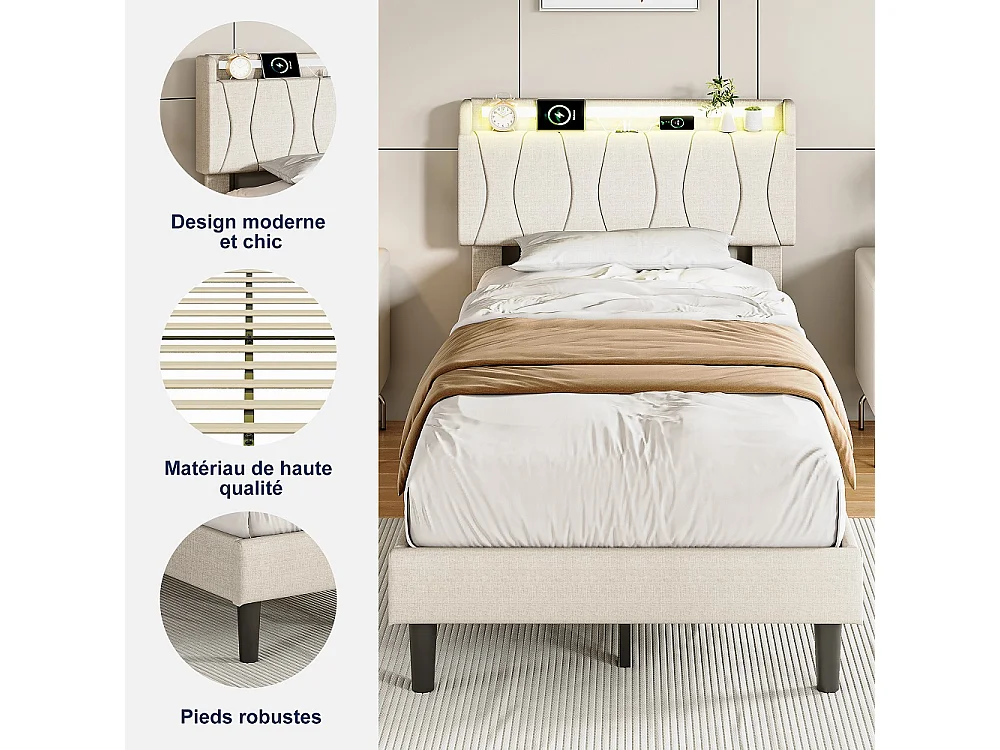 Cadre de lit rembourré 90 x 200 cm - Lit plat-forme avec lumières LED, ports de charge USB et Type-C, tête de rangement, lames en bois massif - Linge - beige