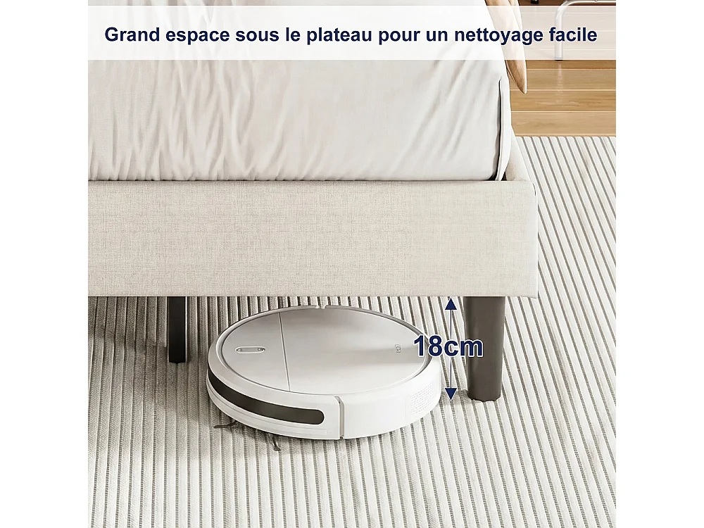 Cadre de lit rembourré 90 x 200 cm - Lit plat-forme avec lumières LED, ports de charge USB et Type-C, tête de rangement, lames en bois massif - Linge - beige