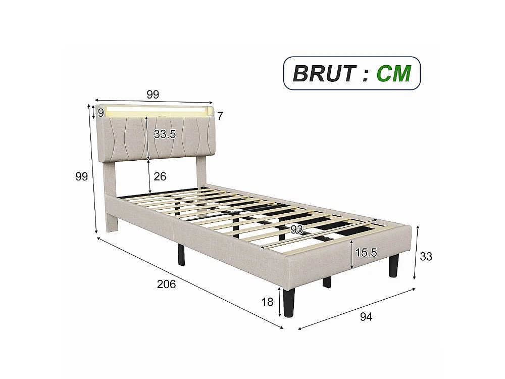 Cadre de lit rembourré 90 x 200 cm - Lit plat-forme avec lumières LED, ports de charge USB et Type-C, tête de rangement, lames en bois massif - Linge - beige