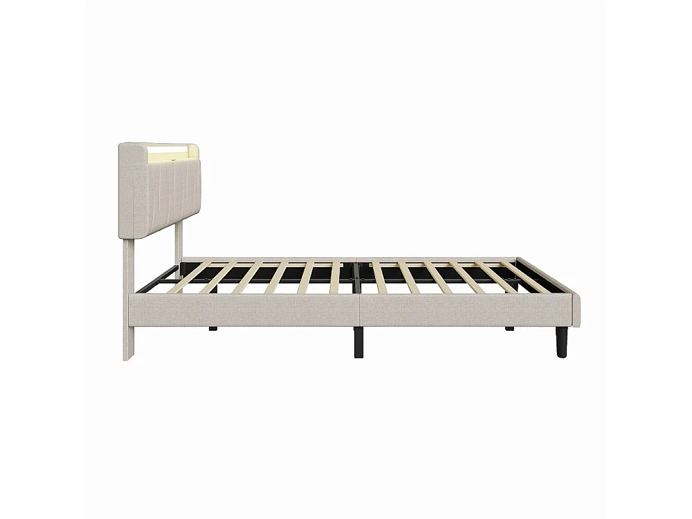 Cadre de lit rembourré 90 x 200 cm - Lit plat-forme avec lumières LED, ports de charge USB et Type-C, tête de rangement, lames en bois massif - Linge - beige