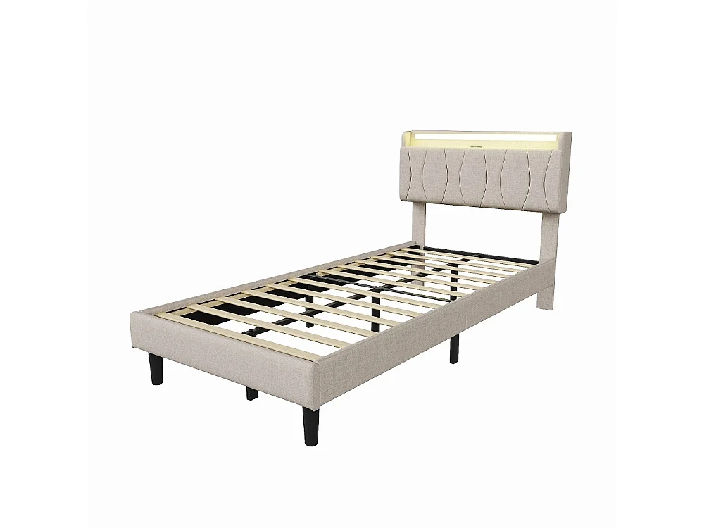 Cadre de lit rembourré 90 x 200 cm - Lit plat-forme avec lumières LED, ports de charge USB et Type-C, tête de rangement, lames en bois massif - Linge - beige