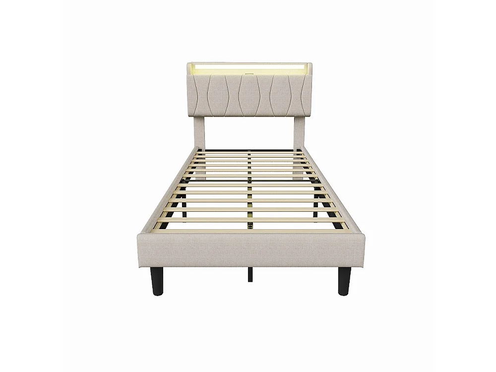 Cadre de lit rembourré 90 x 200 cm - Lit plat-forme avec lumières LED, ports de charge USB et Type-C, tête de rangement, lames en bois massif - Linge - beige