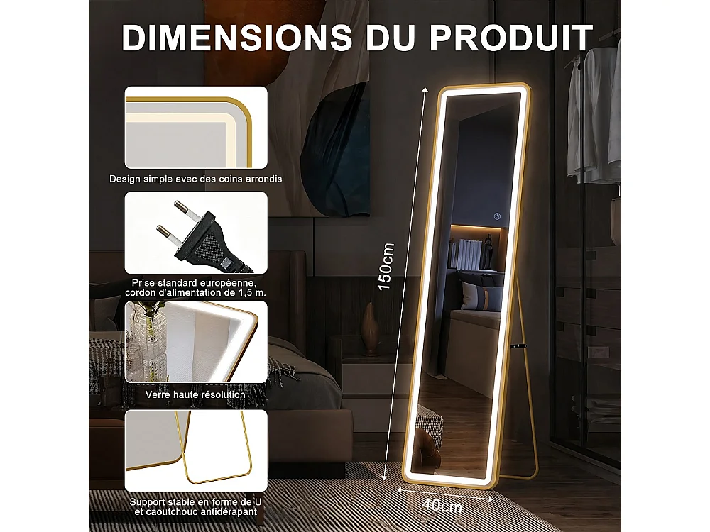 Miroir à LED longueur complète 150 × 40 cm - Miroir debout rectangulaire au sol avec commande tactile - Miroir mural en verre trempé