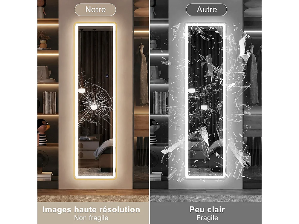 Miroir à LED longueur complète 150 × 40 cm - Miroir debout rectangulaire au sol avec commande tactile - Miroir mural en verre trempé