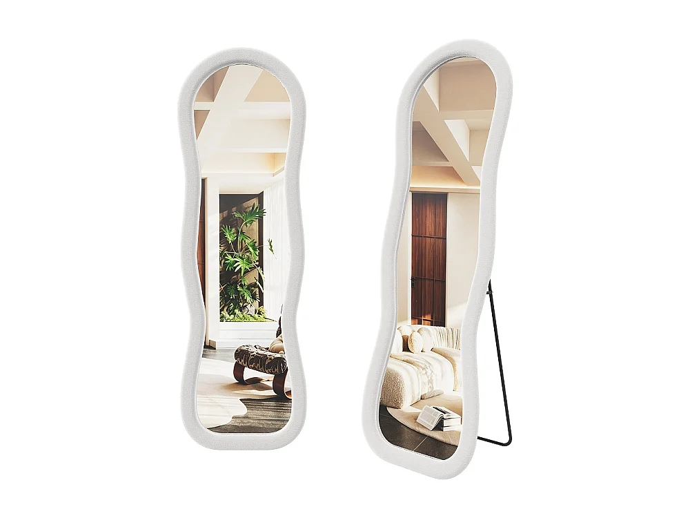 Miroir à encadrement ondulé irrégulier 160 x 50 cm - Large revêtement à paroi recouvert de flanelle douce / incliné / debout - Miroir au sol - Blanc