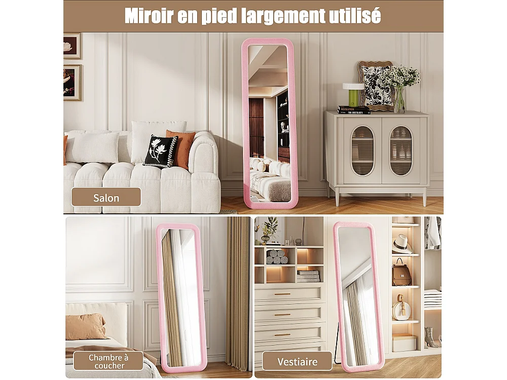 Miroir de longueur complète 160×50 cm - Miroir de corps indépendant à cadre rembourré en flanelle douce - Grand miroir de dressing monté au mur - rose