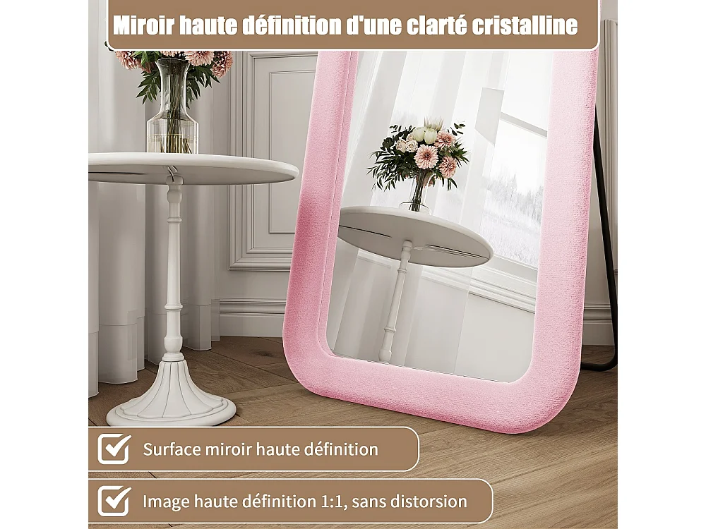 Miroir de longueur complète 160×50 cm - Miroir de corps indépendant à cadre rembourré en flanelle douce - Grand miroir de dressing monté au mur - rose