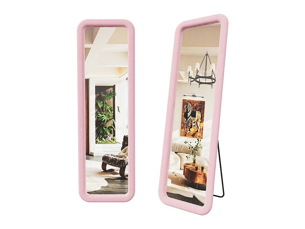 Miroir de longueur complète 160×50 cm - Miroir de corps indépendant à cadre rembourré en flanelle douce - Grand miroir de dressing monté au mur - rose