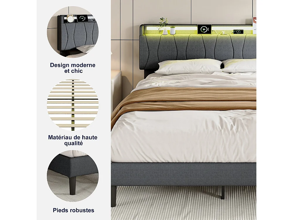 Cadre de lit rembourré 140 x 200 cm - Lit plat-forme avec lumières LED, ports de charge USB et Type-C, tête de rangement, lames en bois massif - Linge - gris