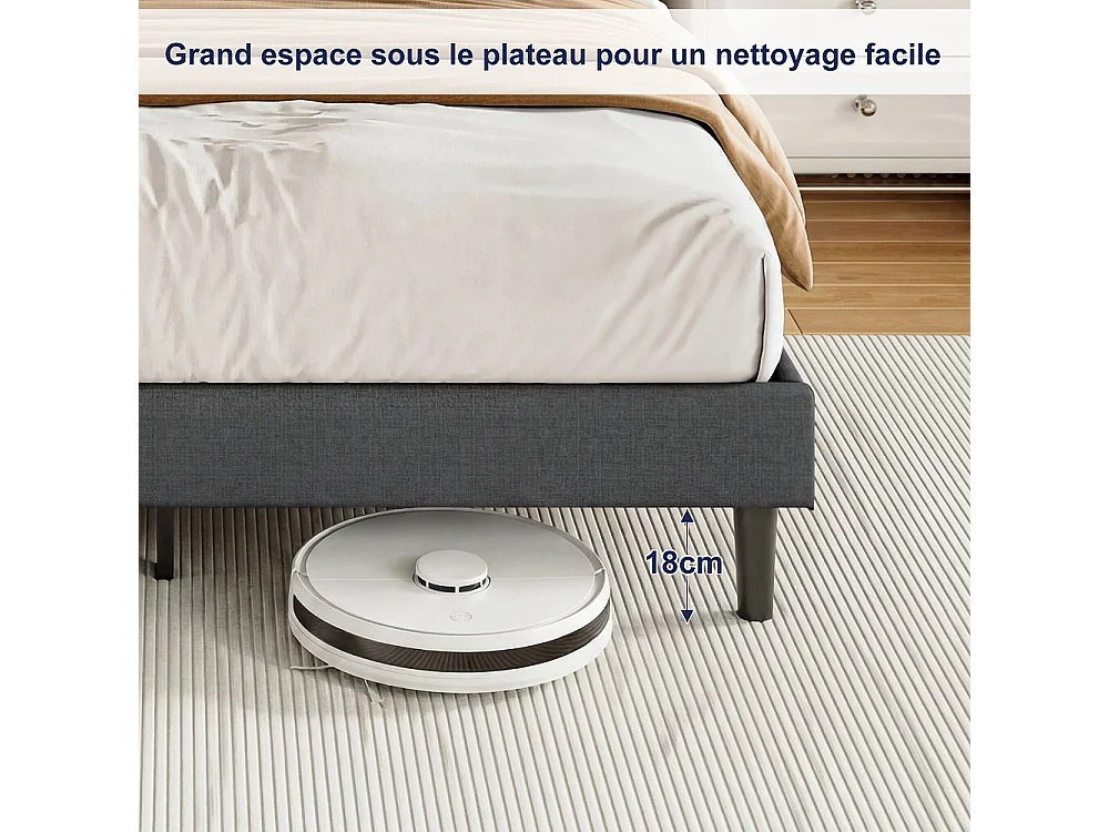 Cadre de lit rembourré 140 x 200 cm - Lit plat-forme avec lumières LED, ports de charge USB et Type-C, tête de rangement, lames en bois massif - Linge - gris