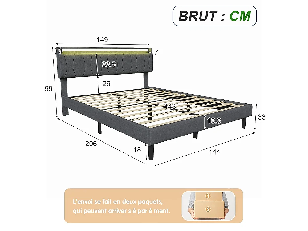 Cadre de lit rembourré 140 x 200 cm - Lit plat-forme avec lumières LED, ports de charge USB et Type-C, tête de rangement, lames en bois massif - Linge - gris