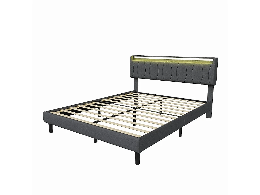 Cadre de lit rembourré 140 x 200 cm - Lit plat-forme avec lumières LED, ports de charge USB et Type-C, tête de rangement, lames en bois massif - Linge - gris