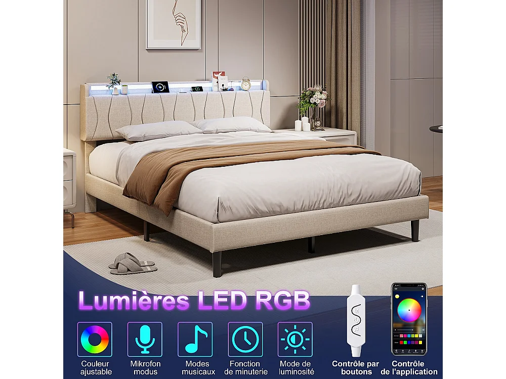 Cadre de lit rembourré 160 x 200 cm - Lit plat-forme avec lumières LED, ports de charge USB et Type-C, tête de rangement, lames en bois massif - Linge - beige