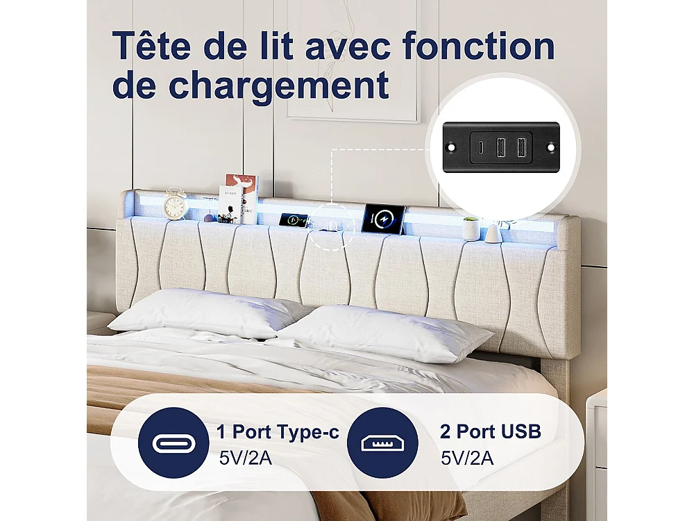 Cadre de lit rembourré 160 x 200 cm - Lit plat-forme avec lumières LED, ports de charge USB et Type-C, tête de rangement, lames en bois massif - Linge - beige