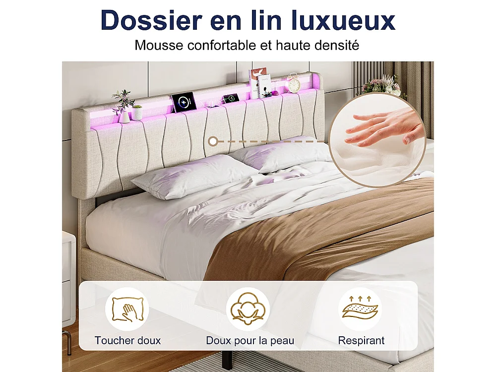Cadre de lit rembourré 160 x 200 cm - Lit plat-forme avec lumières LED, ports de charge USB et Type-C, tête de rangement, lames en bois massif - Linge - beige