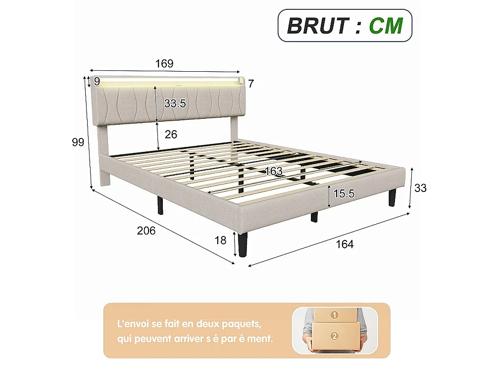Cadre de lit rembourré 160 x 200 cm - Lit plat-forme avec lumières LED, ports de charge USB et Type-C, tête de rangement, lames en bois massif - Linge - beige