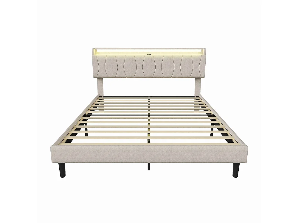 Cadre de lit rembourré 160 x 200 cm - Lit plat-forme avec lumières LED, ports de charge USB et Type-C, tête de rangement, lames en bois massif - Linge - beige