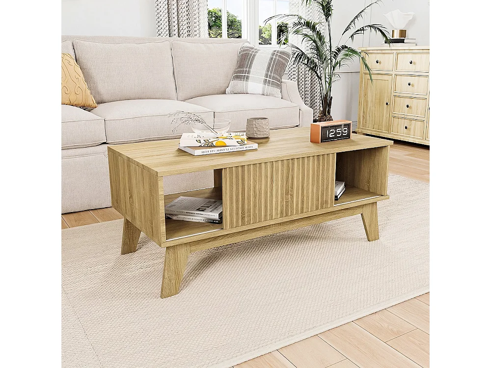 Table basse avec porte coulissante - Table centrale du salon avec compartiment de rangement ouvert - Table à thé rectangulaire de 95cm - Bois - Chêne naturel