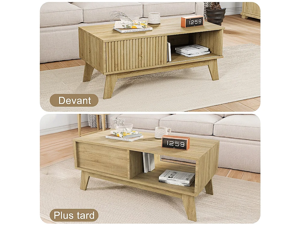 Table basse avec porte coulissante - Table centrale du salon avec compartiment de rangement ouvert - Table à thé rectangulaire de 95cm - Bois - Chêne naturel