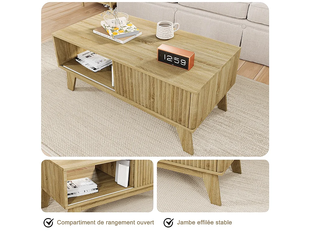 Table basse avec porte coulissante - Table centrale du salon avec compartiment de rangement ouvert - Table à thé rectangulaire de 95cm - Bois - Chêne naturel