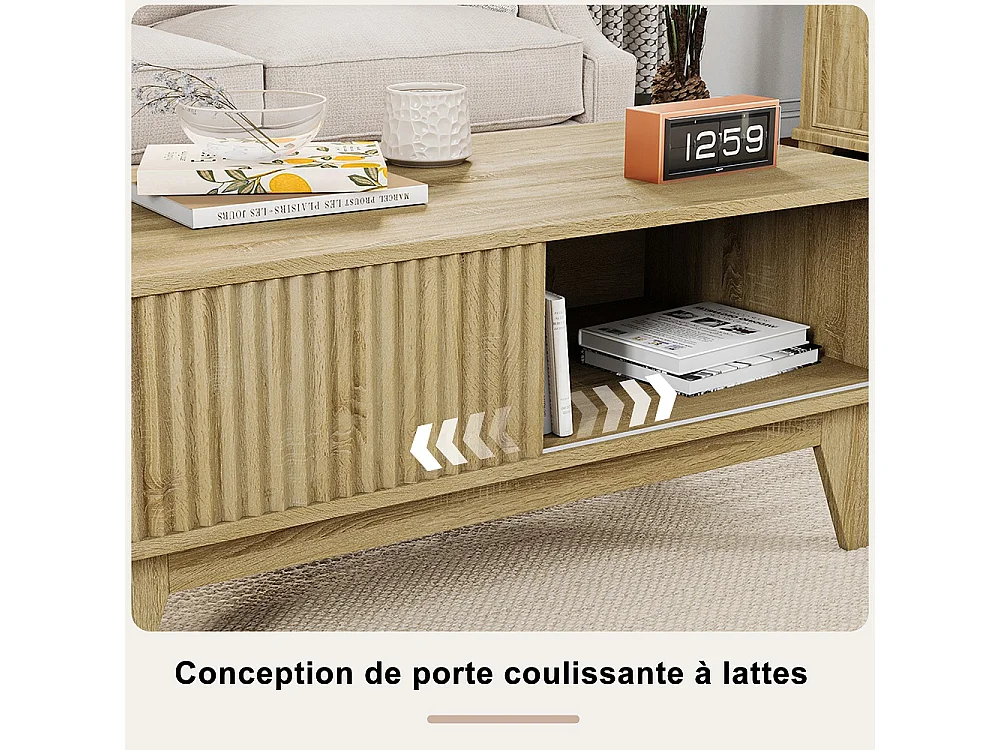 Table basse avec porte coulissante - Table centrale du salon avec compartiment de rangement ouvert - Table à thé rectangulaire de 95cm - Bois - Chêne naturel