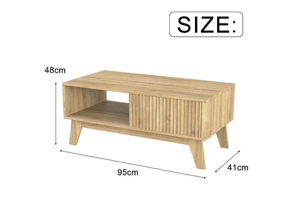 Table basse avec porte coulissante - Table centrale du salon avec compartiment de rangement ouvert - Table à thé rectangulaire de 95cm - Bois - Chêne naturel